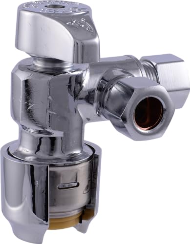 Chrome dual stop angle valve with push-to-connect ports and lever handle on white background.