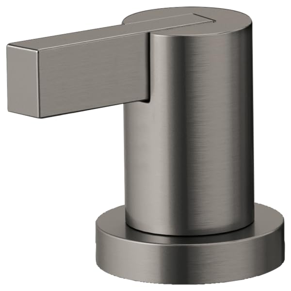 Brushed nickel lever handle with cylindrical body and rectangular extended arm for Roman tub faucet.