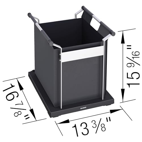 Black fabric storage bag with metal frame handles and base, showing dimensions of approximately 13 3/8" wide by 15 9/16" tall