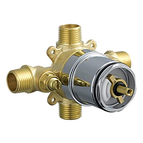 Brass pressure balance valve body with threaded ports, gray and chrome cartridge center, and mounting ears.