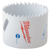 White bi-metal hole saw with serrated cutting edge, Milwaukee branding, and mounting holes on cylindrical body.