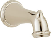 Polished nickel tub spout with curved bell-shaped design and wall-mounted circular flange.