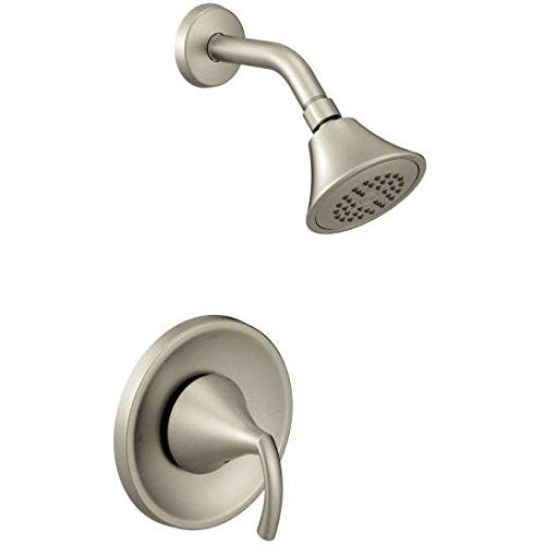 Brushed nickel shower faucet with single lever handle and round showerhead mounted on wall plate.