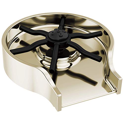 Brushed nickel glass rinser with black star-shaped spray head and curved basin for countertop mounting.