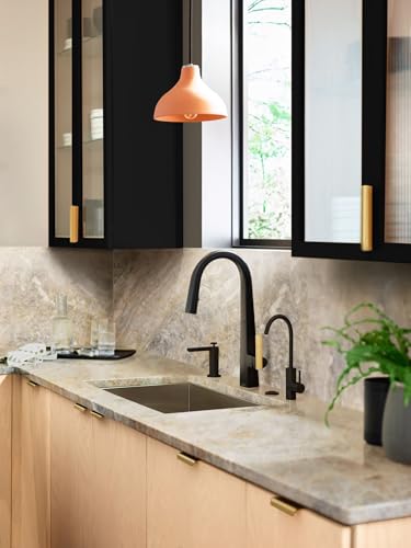Matte black pull-down kitchen faucet with single handle installed above stainless steel sink in modern kitchen.