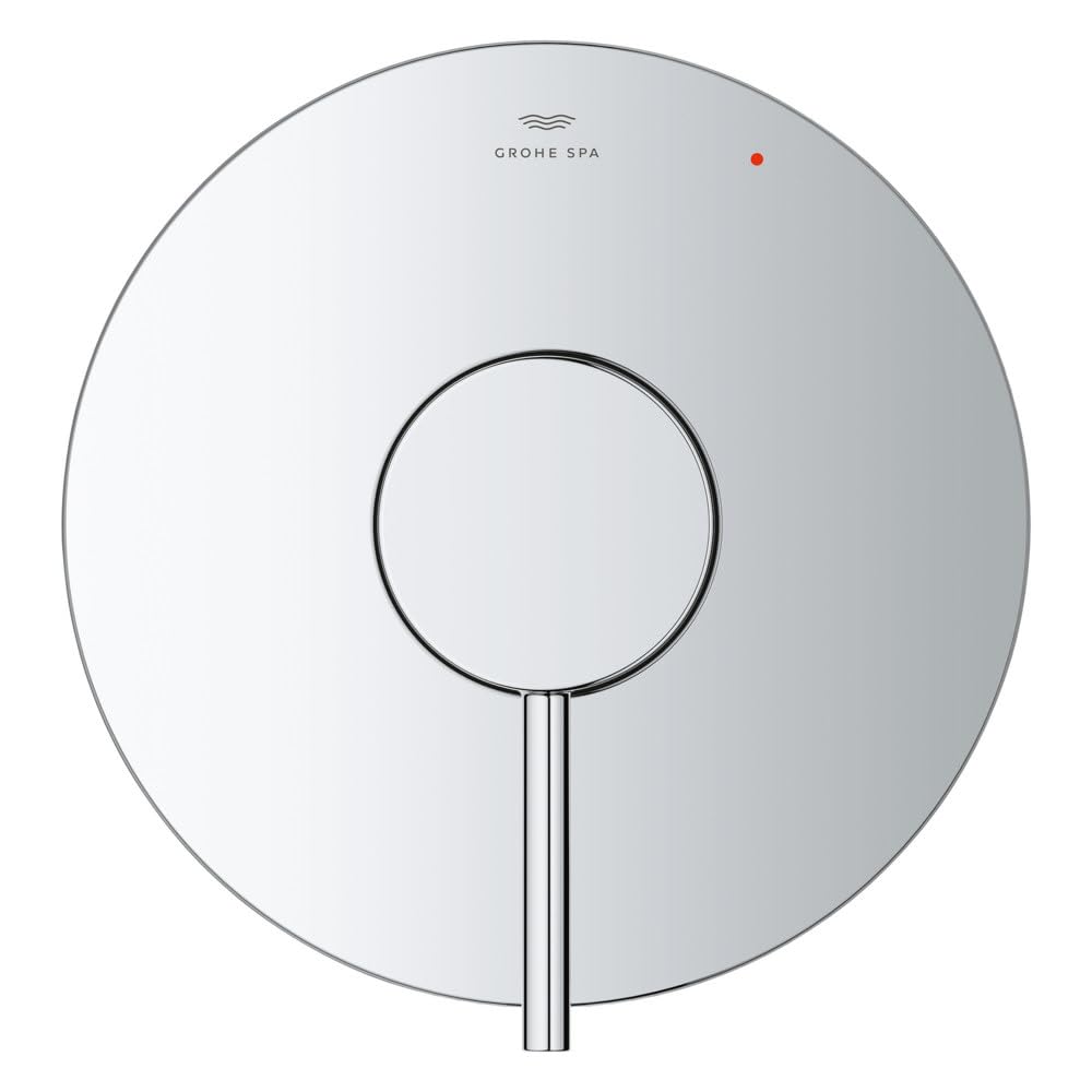Chrome circular valve trim with centered lever handle and red temperature indicator dot.