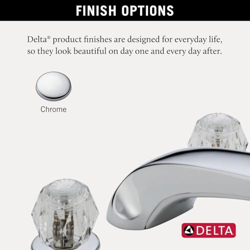 Chrome finish options for Delta Roman tub trim with two knob handles and curved spout.