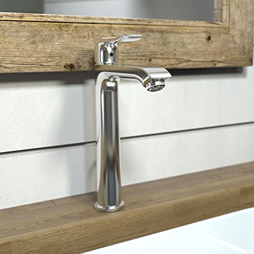Chrome single-hole bathroom faucet with tall cylindrical spout and lever handle mounted on wooden countertop.