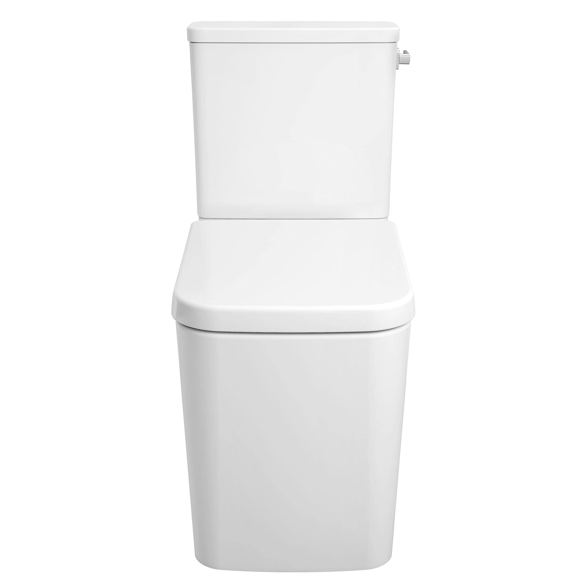 White two-piece elongated toilet with seat and right-hand trip lever on tank.