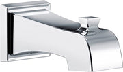 Chrome tub spout with curved design and wall-mounted square escutcheon, featuring integrated soap dish.