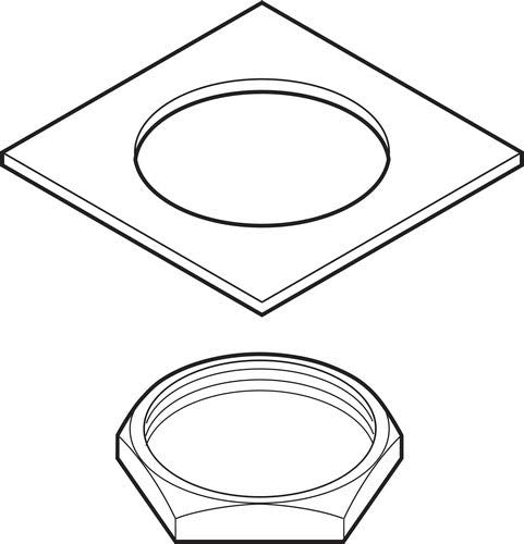 Square mounting plate with circular opening and hexagonal nut with washers.