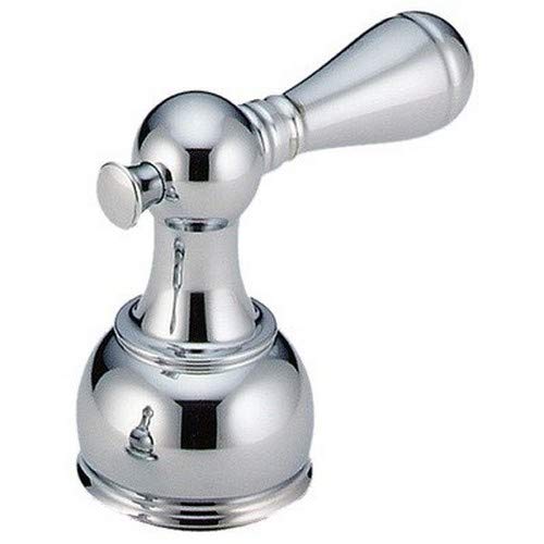 Chrome metal lever handle set with spherical base and tapered handle arm for faucet control.