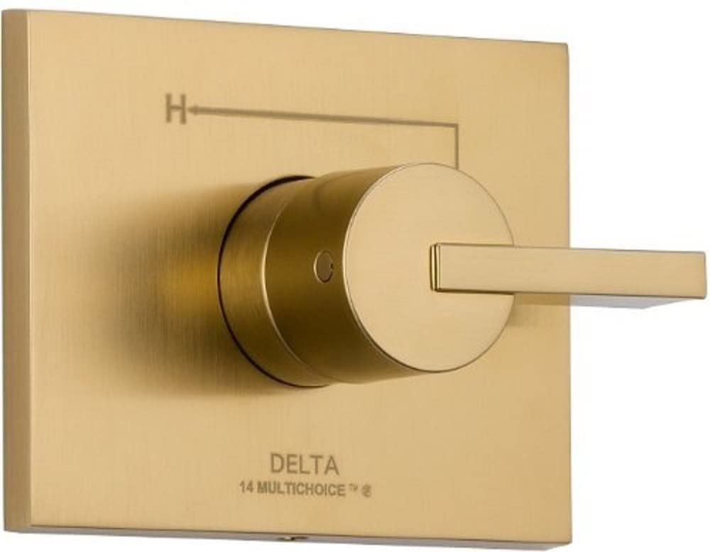 Brushed champagne bronze shower valve trim with single lever handle and square escutcheon plate.
