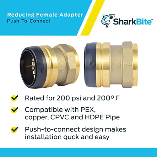 Brass push-to-connect reducing female adapter with black collar on left end and threaded female connector on right end.