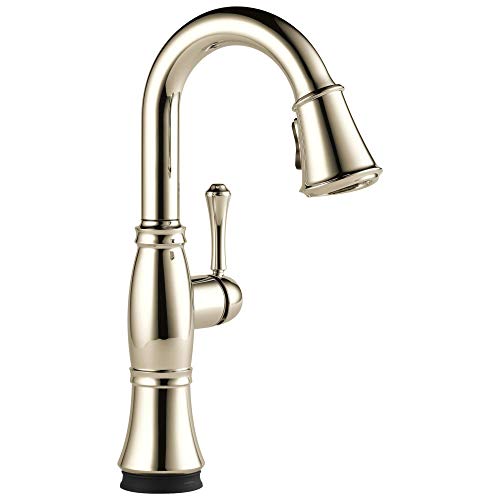 Polished nickel single-handle pull-down kitchen faucet with curved spout and lever control.