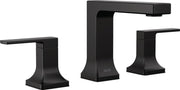 Matte black two-handle widespread bathroom faucet with rectangular spout and square bases.
