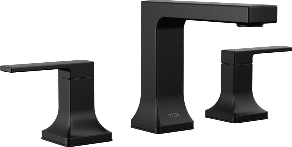 Matte black two-handle widespread bathroom faucet with rectangular spout and square bases.