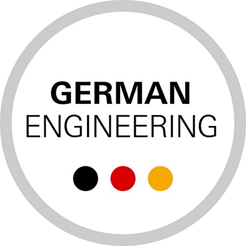 Circular brushed stainless steel wall plate with gray border and "German Engineering" text with three colored dots.