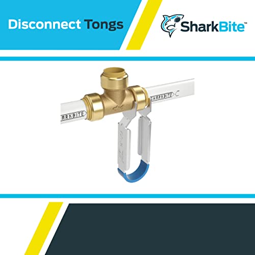 Sharkbite disconnect tongs with blue handle and white grip, brass valve connection fitting.