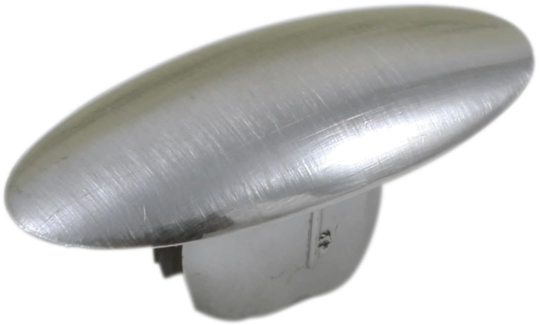 Stainless steel oval plug with brushed finish covering lift rod hole for sink faucet.