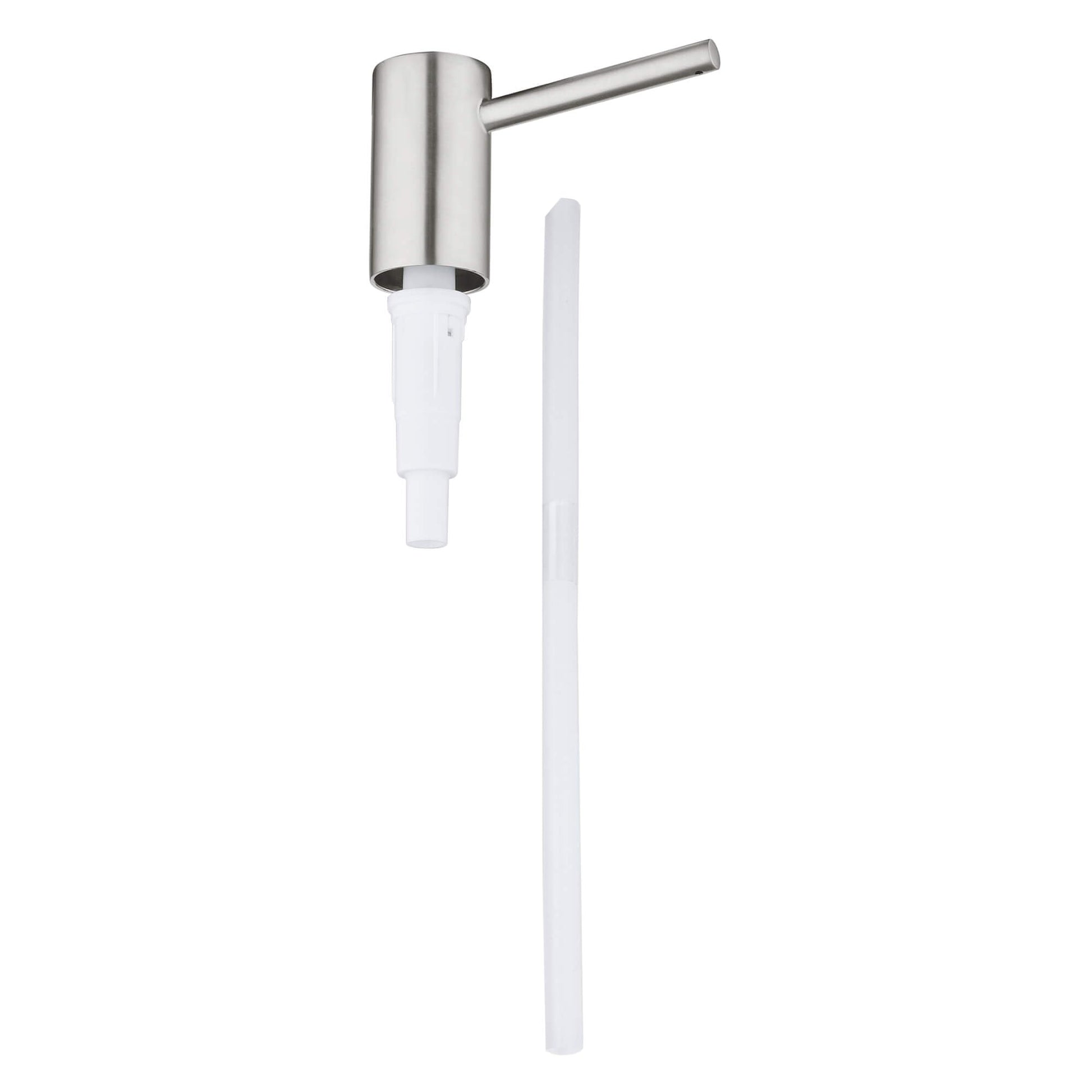 Grohe Supersteel pump unit with stainless steel head and white plastic tube dispenser.