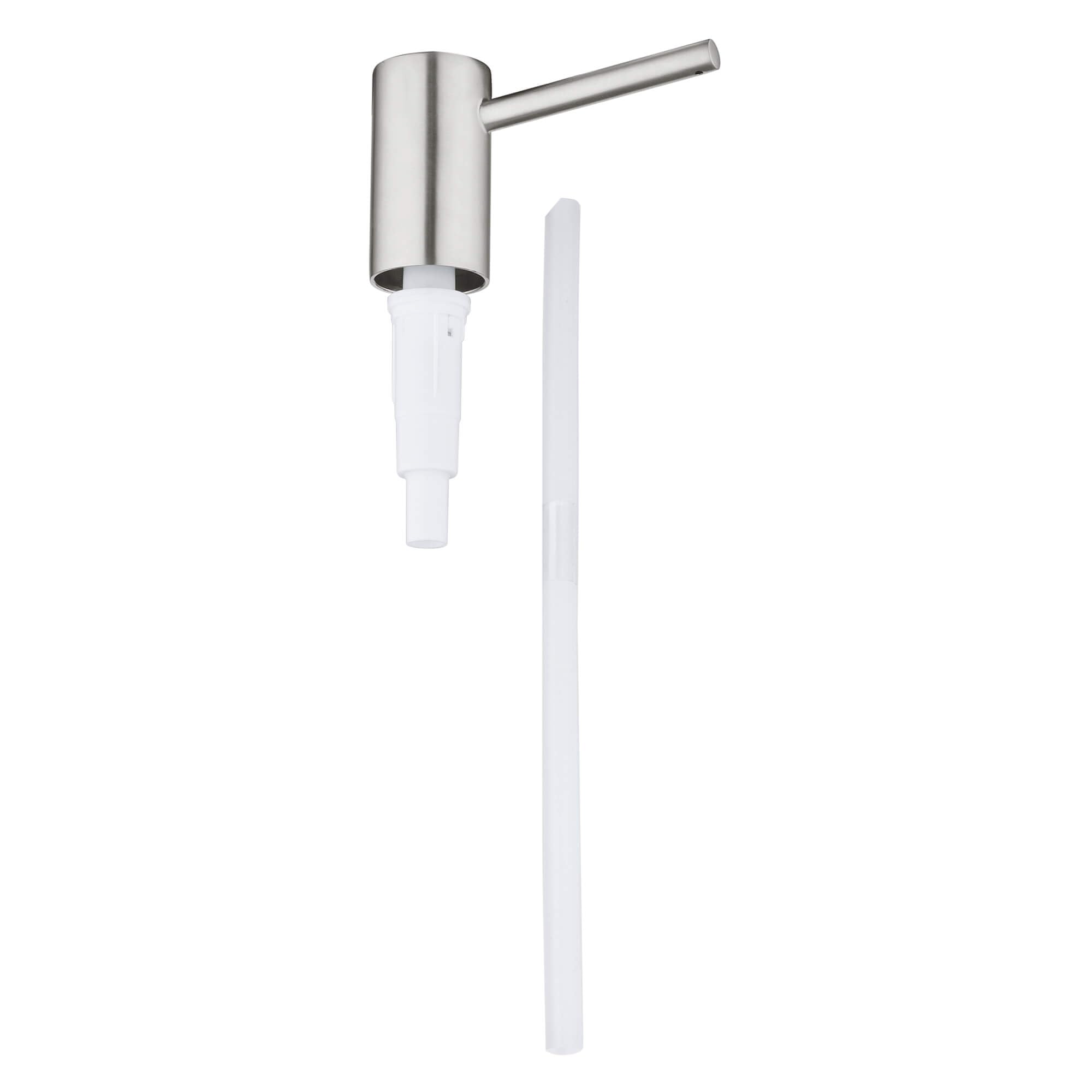 Grohe Supersteel pump unit with stainless steel head and white plastic tube dispenser.