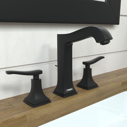 Matte black three-piece widespread bathroom faucet with curved spout, lever handles, and geometric base fixtures.