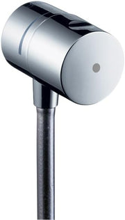 Chrome cylindrical wall outlet with control knob and integrated check valves for water supply connection.