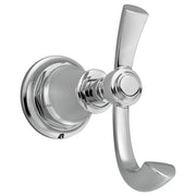 Polished chrome double robe hook with circular backplate and two curved arms.