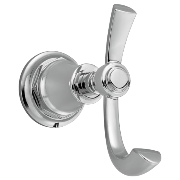 Polished chrome double robe hook with circular backplate and two curved arms.