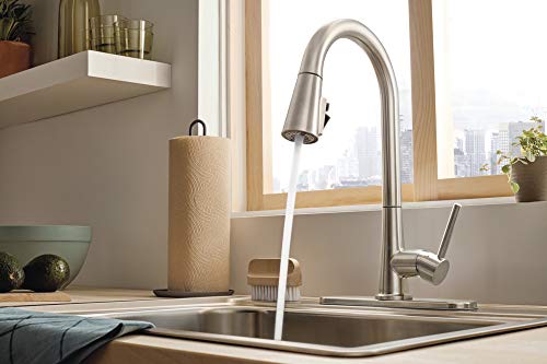 Stainless steel single-handle pull-down kitchen faucet with curved spout installed above sink.
