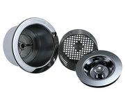 Polished chrome kitchen sink strainer with removable basket, stopper lid, and drain components displayed separately.