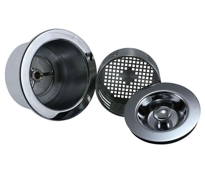 Polished chrome kitchen sink strainer with removable basket, stopper lid, and drain components displayed separately.