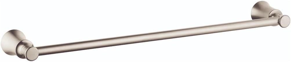 Brushed nickel towel bar with cylindrical mounting brackets on each end, approximately 24 inches long.
