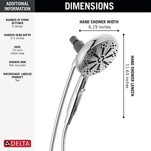 Chrome hand shower with 6.19-inch width, 8.31-inch height, featuring 6 spray settings and 72-inch metal hose.