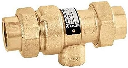 Brass backflow preventer with 1/2" press connections and black certification label.
