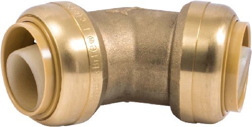 Brass 45-degree elbow fitting with push-to-connect ports on both ends.