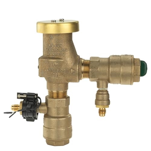 Brass pressure vacuum breaker with quarter turn tee handle, freeze sensor, and 3/4 inch connections.