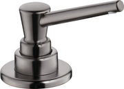 Black stainless steel soap and lotion dispenser with round base and side-mounted pump lever.