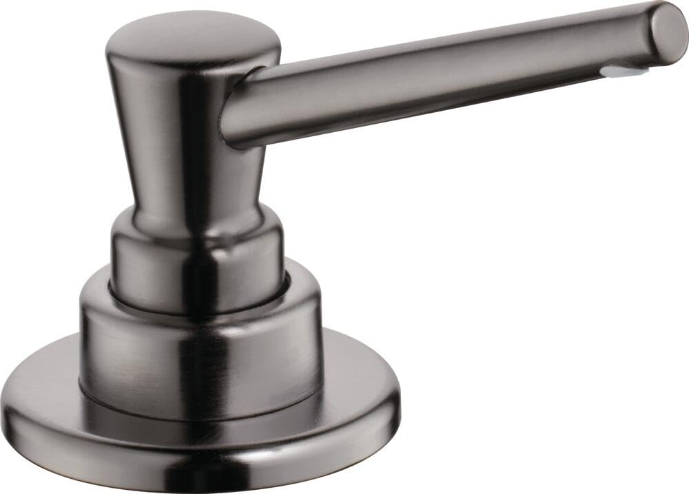 Black stainless steel soap and lotion dispenser with round base and side-mounted pump lever.