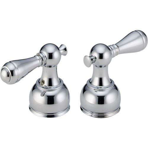 Pair of chrome metal lever handles with dome bases and tapered spouts for faucet installation.