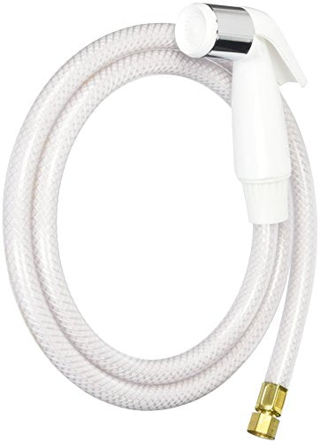 Chrome and white spray head with coiled white hose and brass fittings.