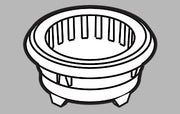 Round plastic spray nest with ribbed interior basin and three support feet.