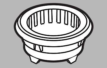 Round plastic spray nest with ribbed interior basin and three support feet.