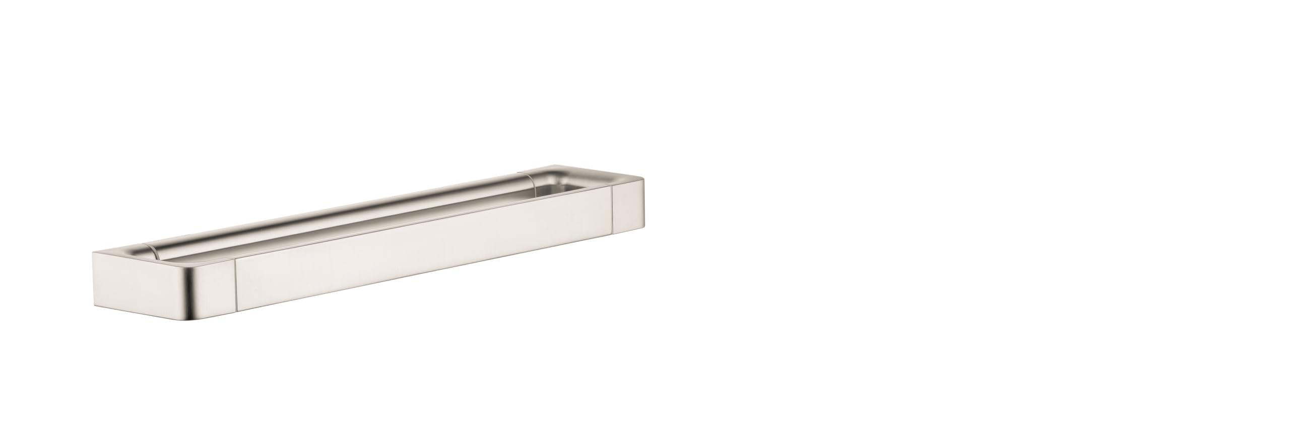 Brushed nickel towel bar with rectangular mounting brackets and horizontal rail.