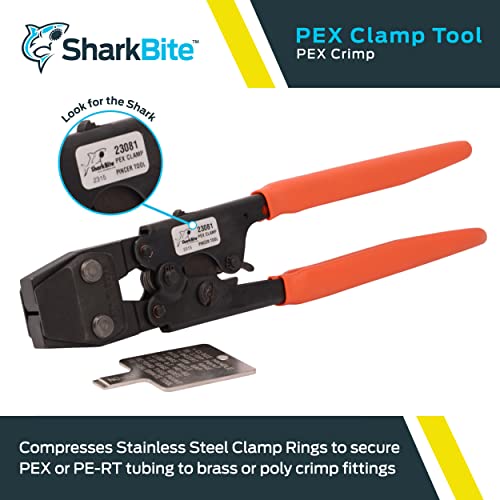 Black and orange handheld PEX clamp tool with dual handles and interchangeable stainless steel clamp rings.