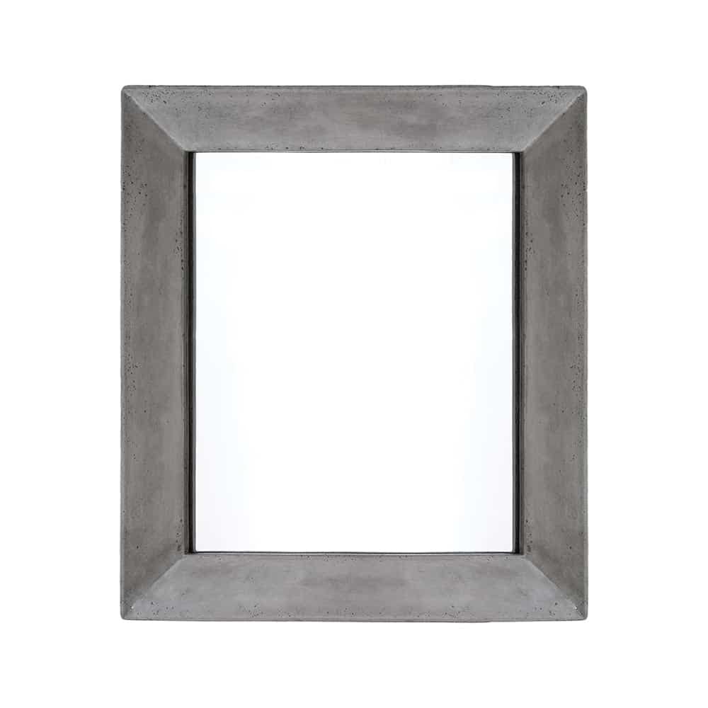 Rectangular mirror with concrete-textured gray frame and beveled edges.
