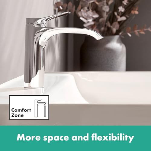 Chrome single-hole bathroom faucet with curved spout installed on white sink basin.