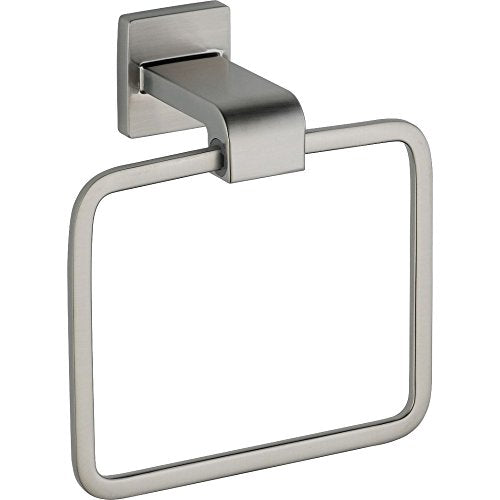 Brushed nickel towel ring with square wall mount and curved rectangular holder.