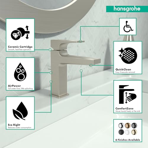 Brushed nickel single-hole bathroom faucet with lever handle and labeled features including ceramic cartridge, AirPower, and 